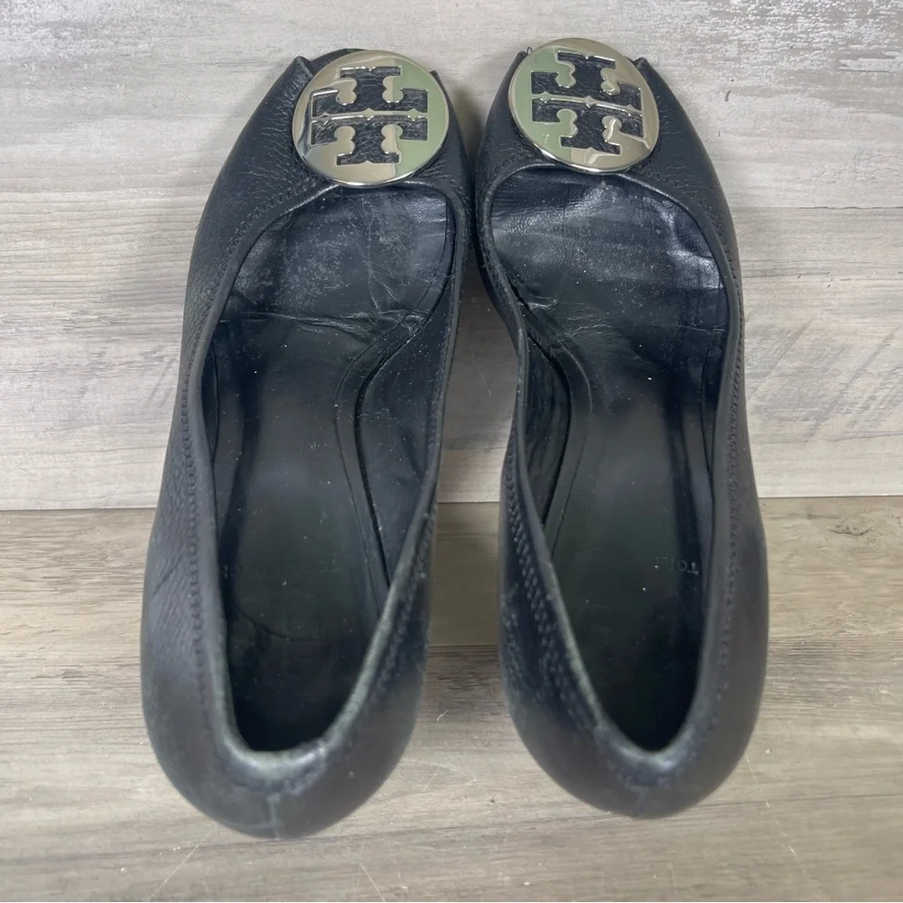 Tory Burch Womens 10 Black Leather Sally 2 Peep Toe Wedge Pumps Office Secretary
